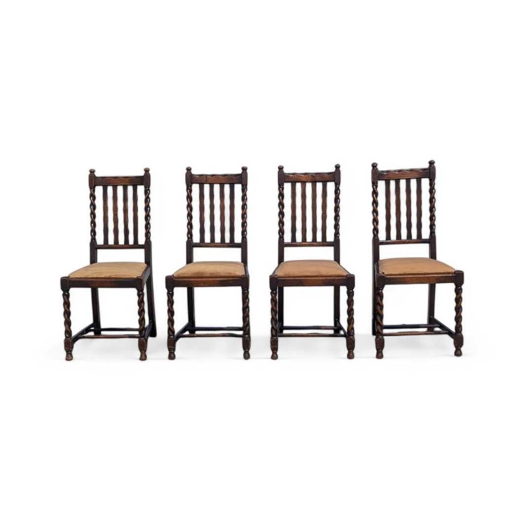 Set of 4 Antique Oak Dining Chairs, Barley Twist Legs, Velvet Seats, c. 1930s For Sale 5