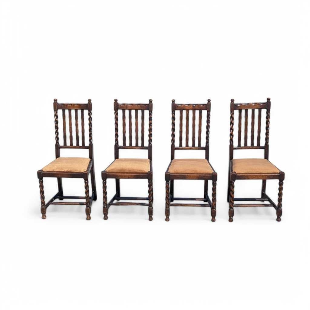 Set of 4 Antique Oak Dining Chairs, Barley Twist Legs, Velvet Seats, c. 1930s For Sale 6