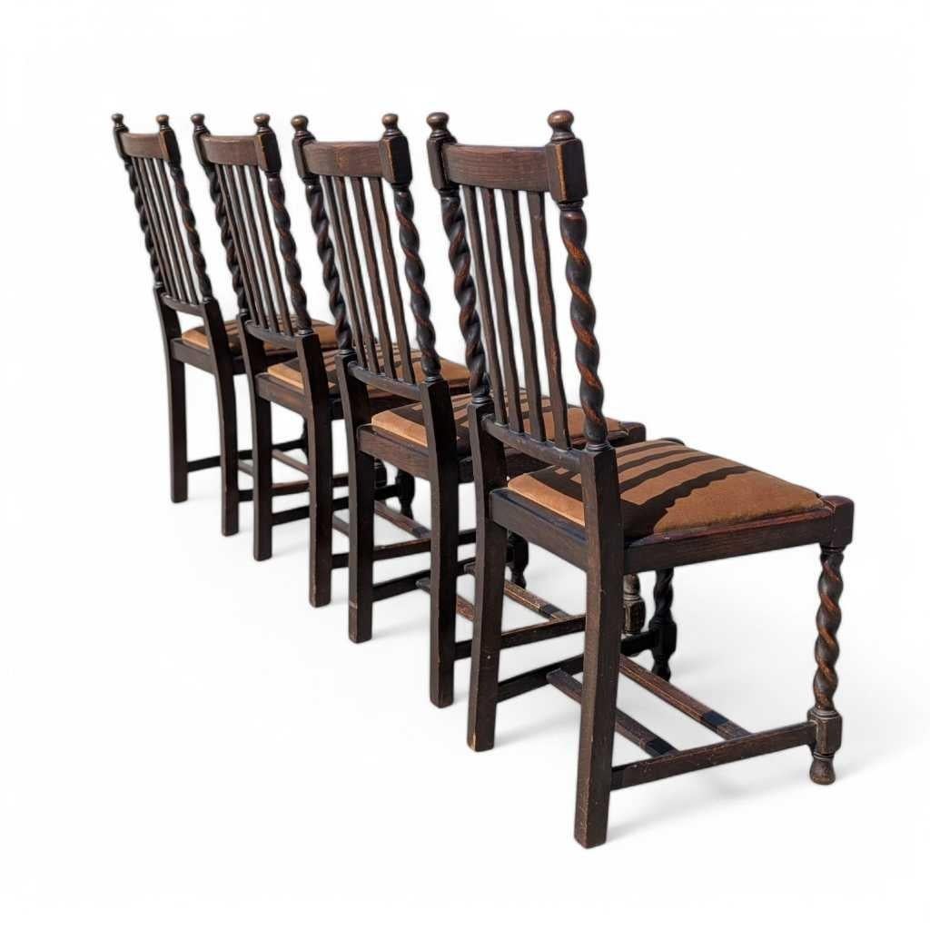 Set of 4 Antique Oak Dining Chairs, Barley Twist Legs, Velvet Seats, c. 1930s For Sale 7