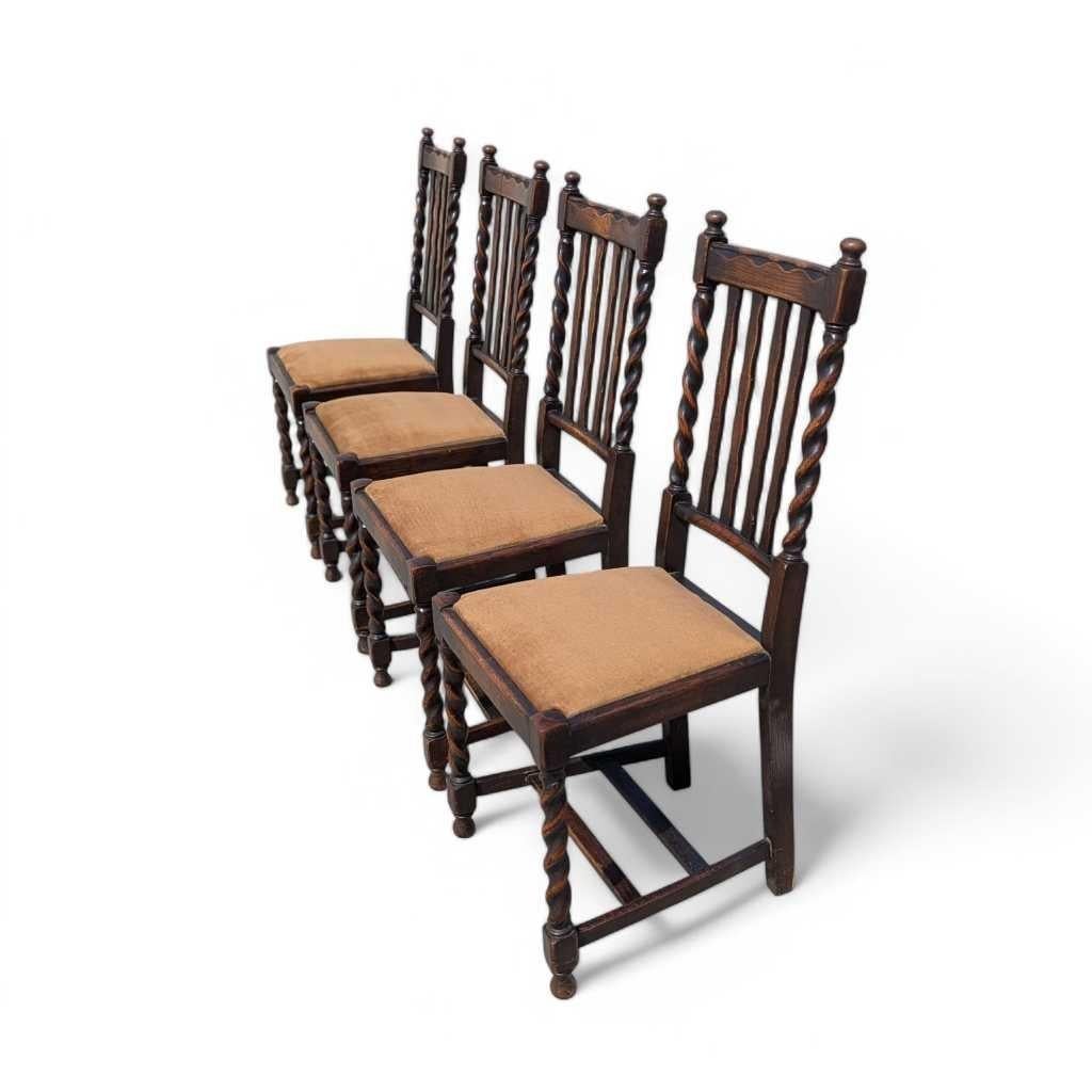 Set of 4 Antique Oak Dining Chairs, Barley Twist Legs, Velvet Seats, c. 1930s For Sale 8