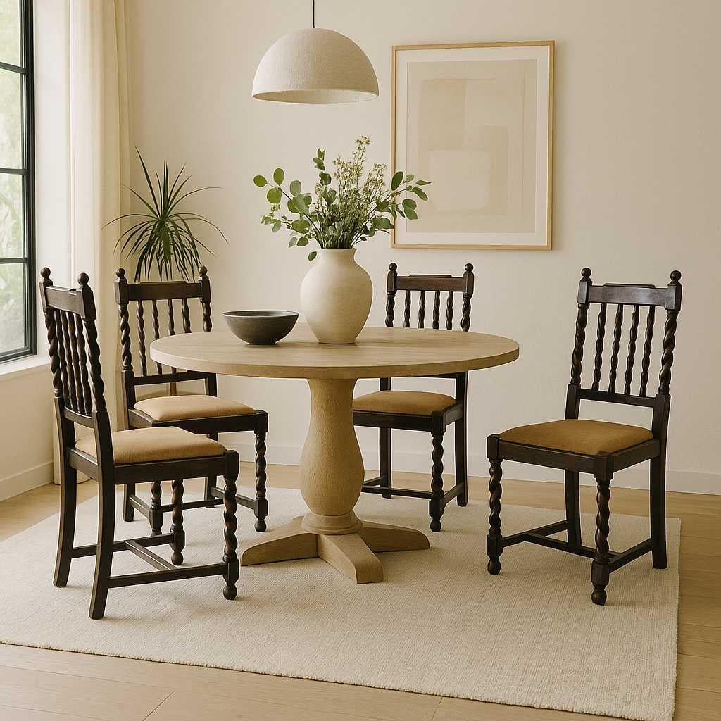 A distinctive set of four antique dining chairs in the classic English countryside tradition, crafted from solid wood and showcasing barley twist legs with velvet seats. These chairs combine timeless form and functionality—ideal for a traditional