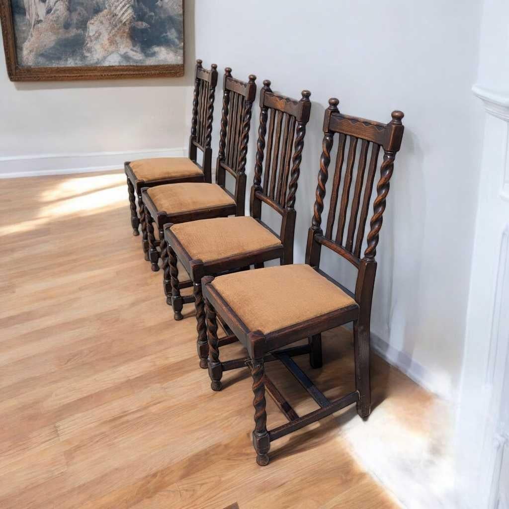 Rustic Set of 4 Antique Oak Dining Chairs, Barley Twist Legs, Velvet Seats, c. 1930s For Sale