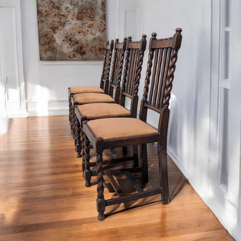 Joinery Set of 4 Antique Oak Dining Chairs, Barley Twist Legs, Velvet Seats, c. 1930s For Sale