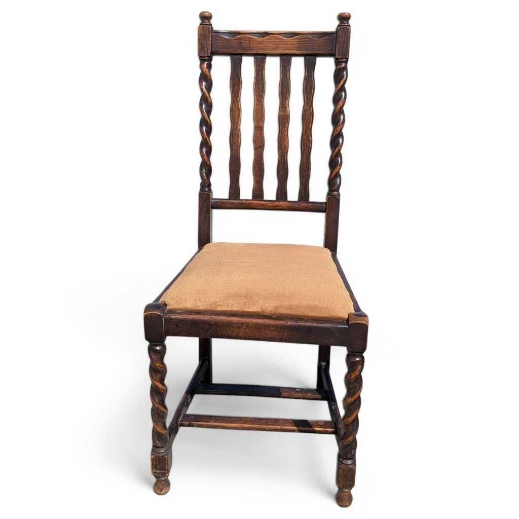 20th Century Set of 4 Antique Oak Dining Chairs, Barley Twist Legs, Velvet Seats, c. 1930s For Sale