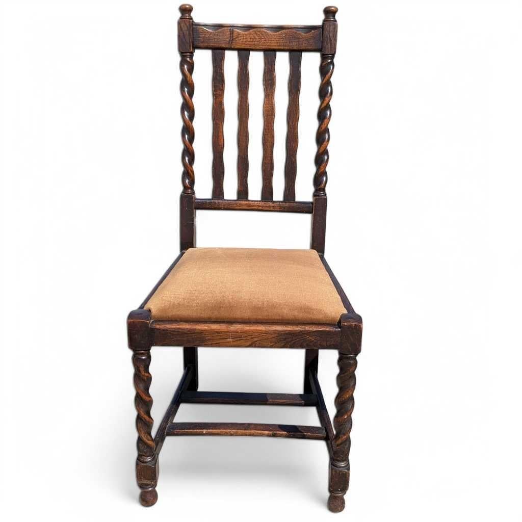 Wood Set of 4 Antique Oak Dining Chairs, Barley Twist Legs, Velvet Seats, c. 1930s For Sale