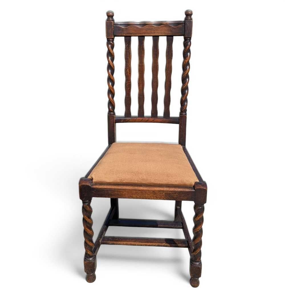 Set of 4 Antique Oak Dining Chairs, Barley Twist Legs, Velvet Seats, c. 1930s For Sale 1