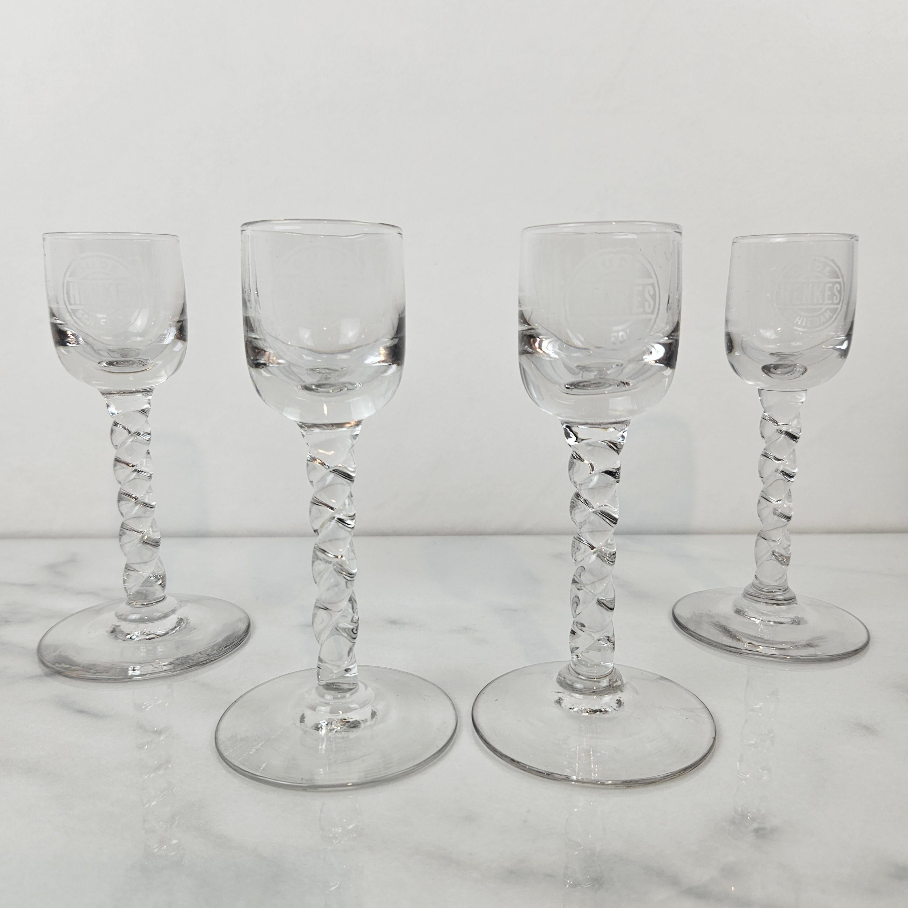 Art Nouveau Set of 4 Antique “Oude Henkes Schiedam” Engraved Jenever Glasses, 1900's For Sale