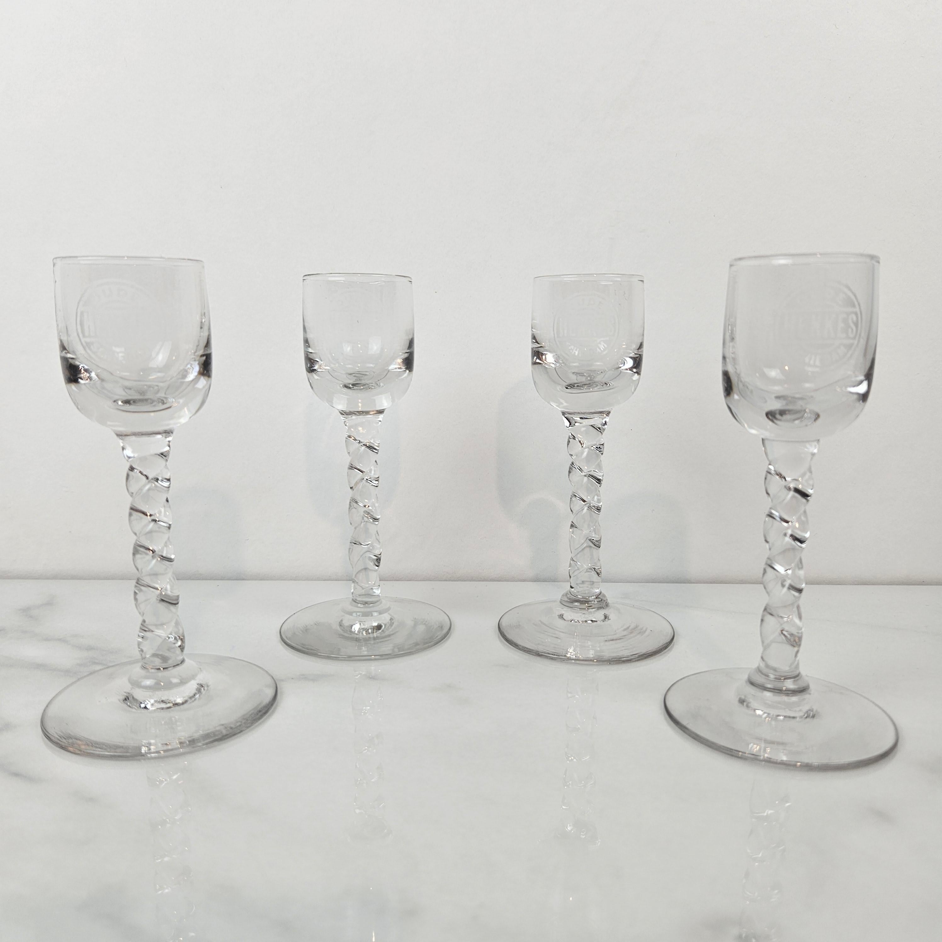 Dutch Set of 4 Antique “Oude Henkes Schiedam” Engraved Jenever Glasses, 1900's For Sale