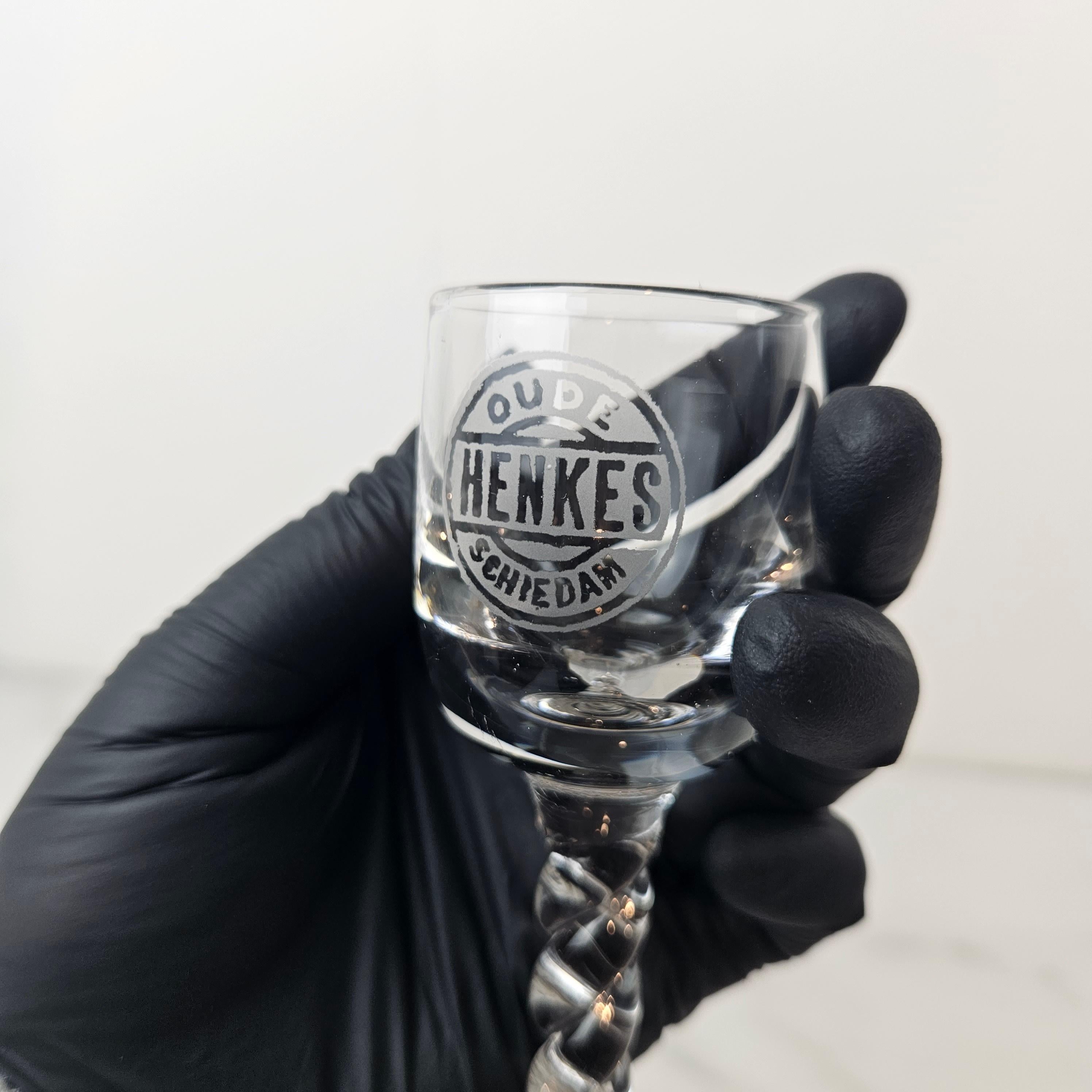 Hand-Crafted Set of 4 Antique “Oude Henkes Schiedam” Engraved Jenever Glasses, 1900's For Sale