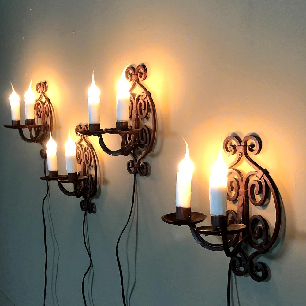 20th Century Set of 4 Antique Painted Wrought Iron Electrified Wall Sconces