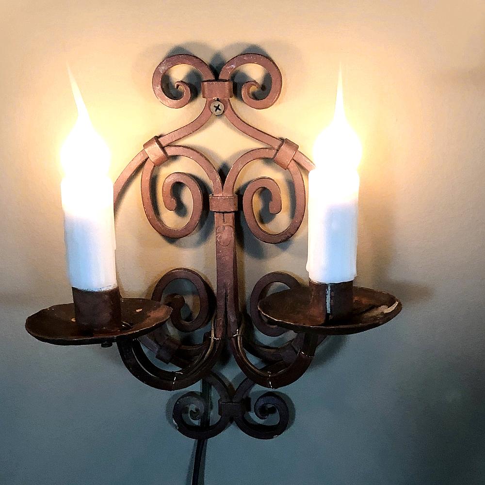 Set of 4 Antique Painted Wrought Iron Electrified Wall Sconces 1