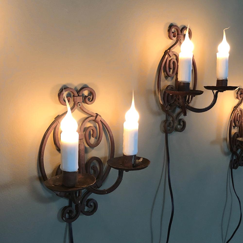 Set of 4 Antique Painted Wrought Iron Electrified Wall Sconces 3