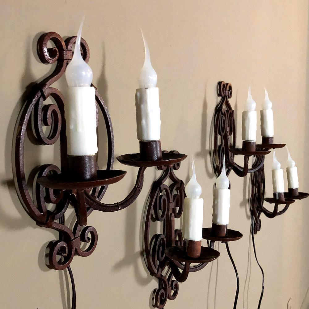 Rustic Set of 4 Antique Painted Wrought Iron Electrified Wall Sconces