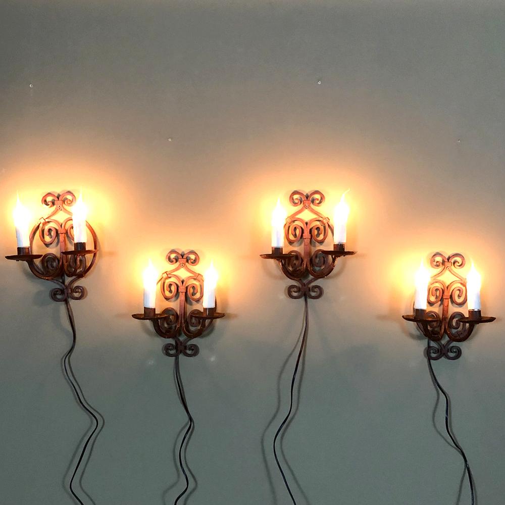 French Set of 4 Antique Painted Wrought Iron Electrified Wall Sconces