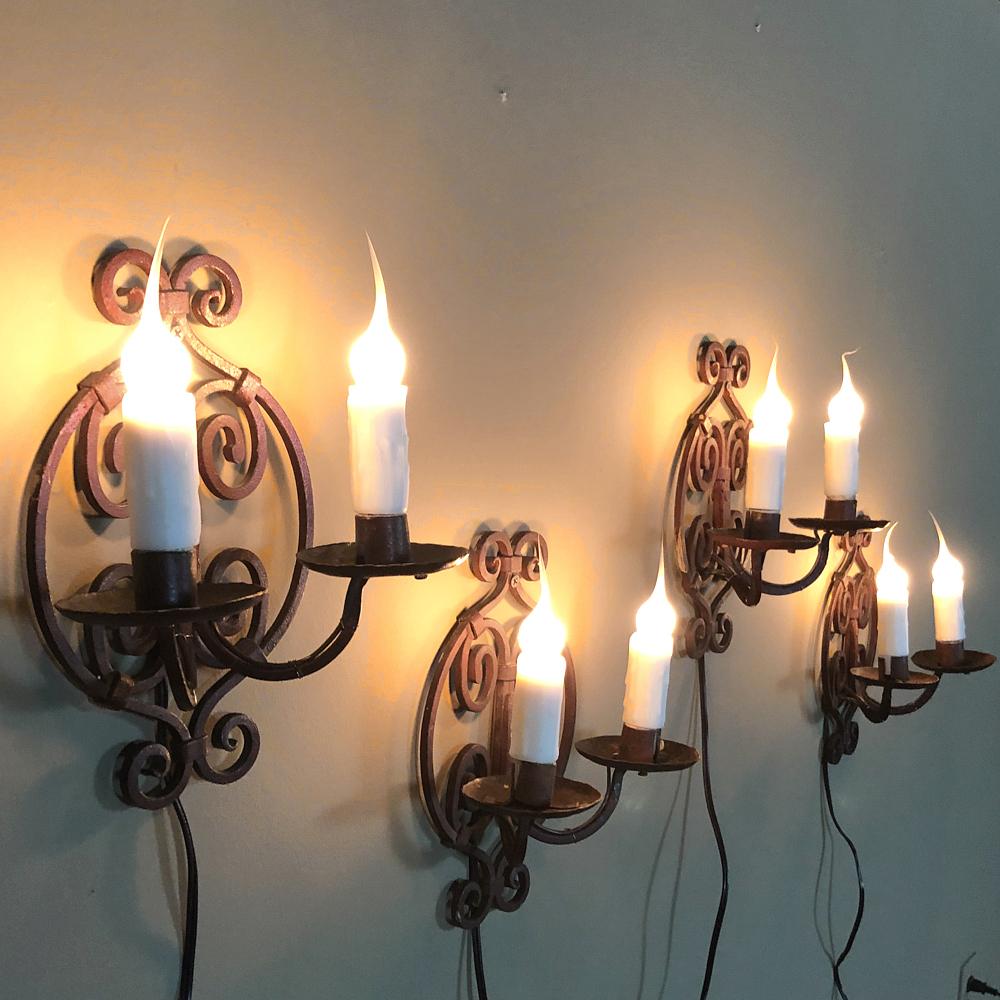 Hand-Crafted Set of 4 Antique Painted Wrought Iron Electrified Wall Sconces