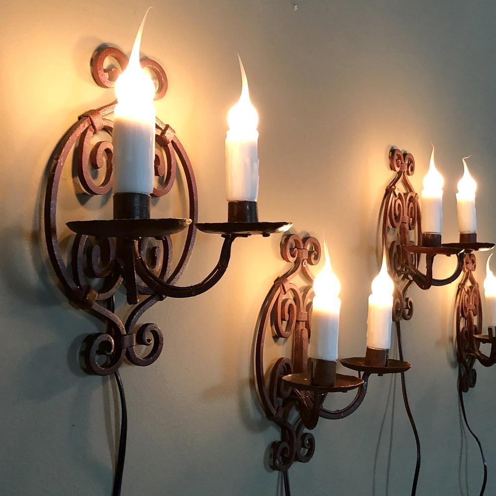 Set of 4 Antique Painted Wrought Iron Electrified Wall Sconces In Good Condition In Dallas, TX