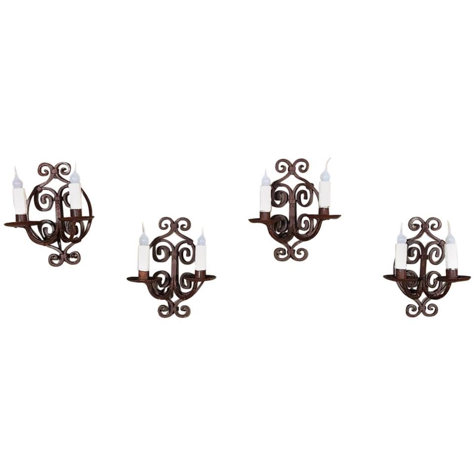 Set of 4 Antique Painted Wrought Iron Electrified Wall Sconces