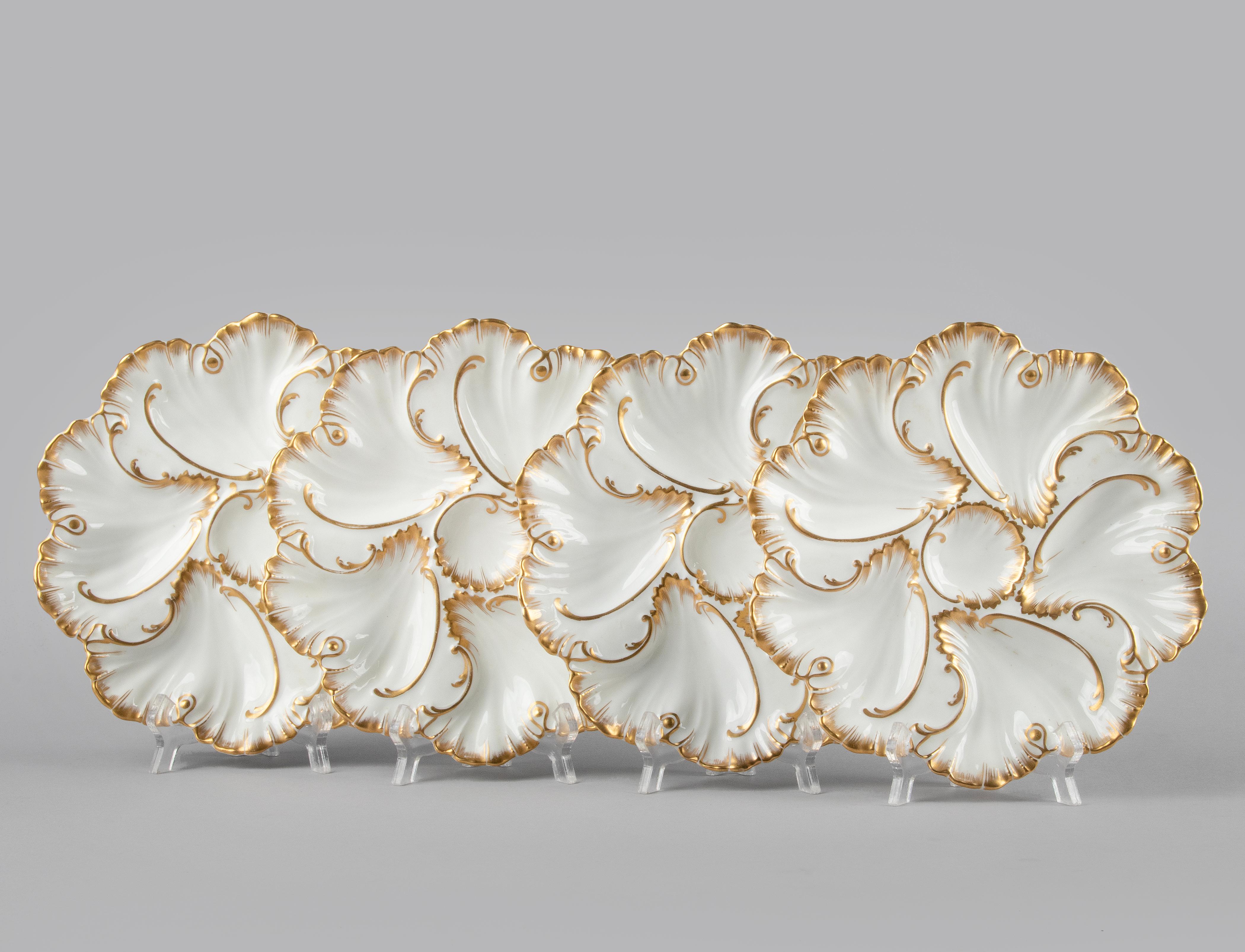 Rococo Set of 4 Antique Porcelain Oyster Plates Made by Limoges A. Lanternier