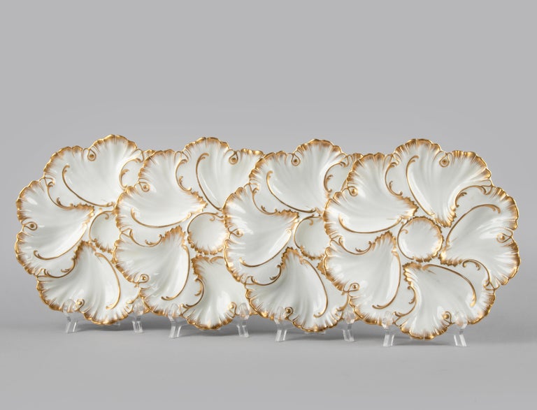 Rococo Set of 4 Antique Porcelain Oyster Plates Made by Limoges A. Lanternier For Sale