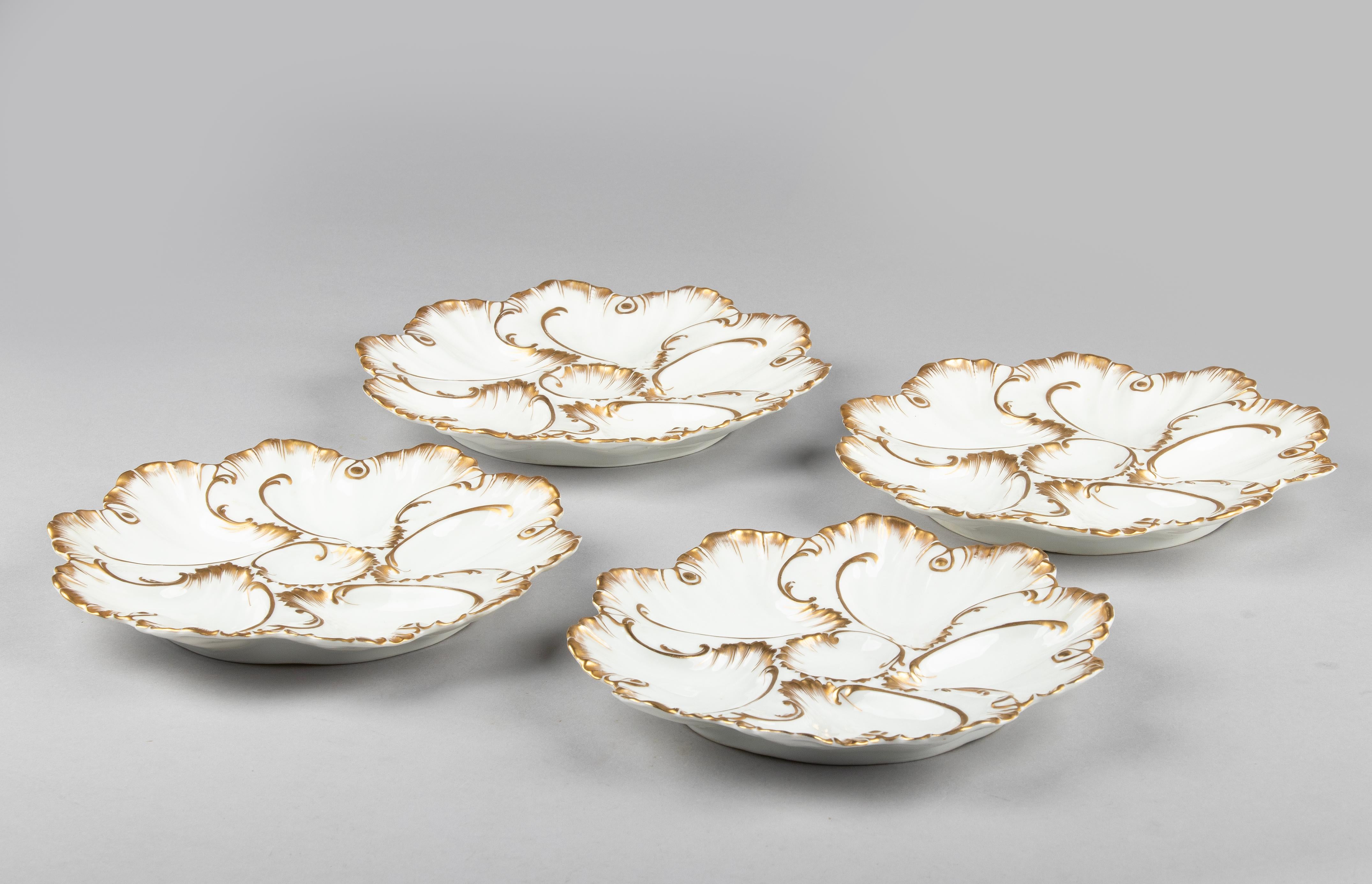 French Set of 4 Antique Porcelain Oyster Plates Made by Limoges A. Lanternier