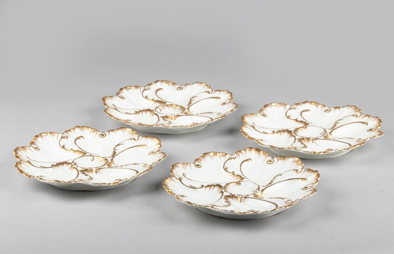 French Set of 4 Antique Porcelain Oyster Plates Made by Limoges A. Lanternier For Sale