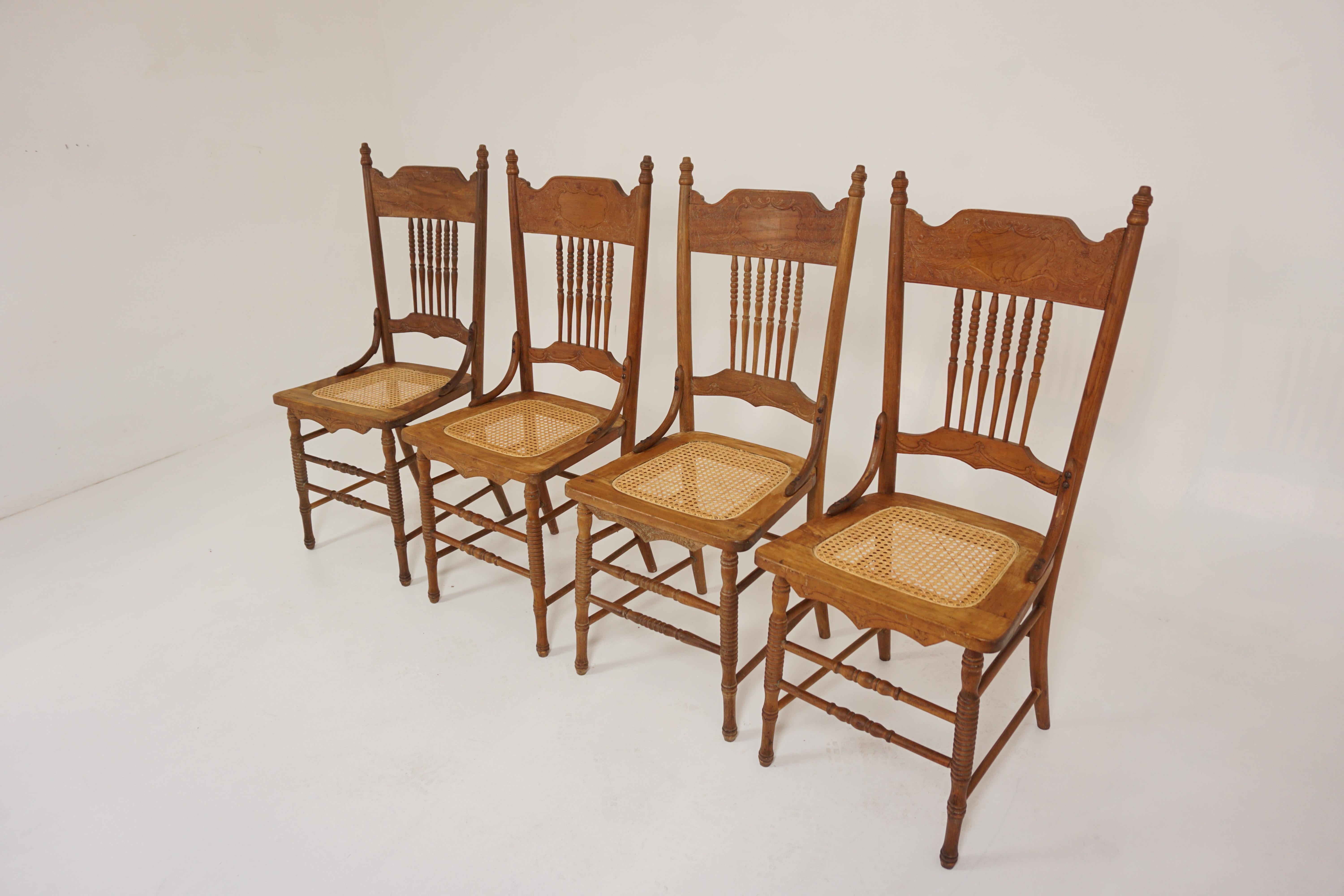 Set of 4 Antique Pressed Back Kitchen Chairs, American 1900, B2908

American 1900
Solid Beechwood
Original Finish
Carved Top Rail 
Pair of turned supports with finials on top
Carved slat
All standing on four turned legs
United by turned