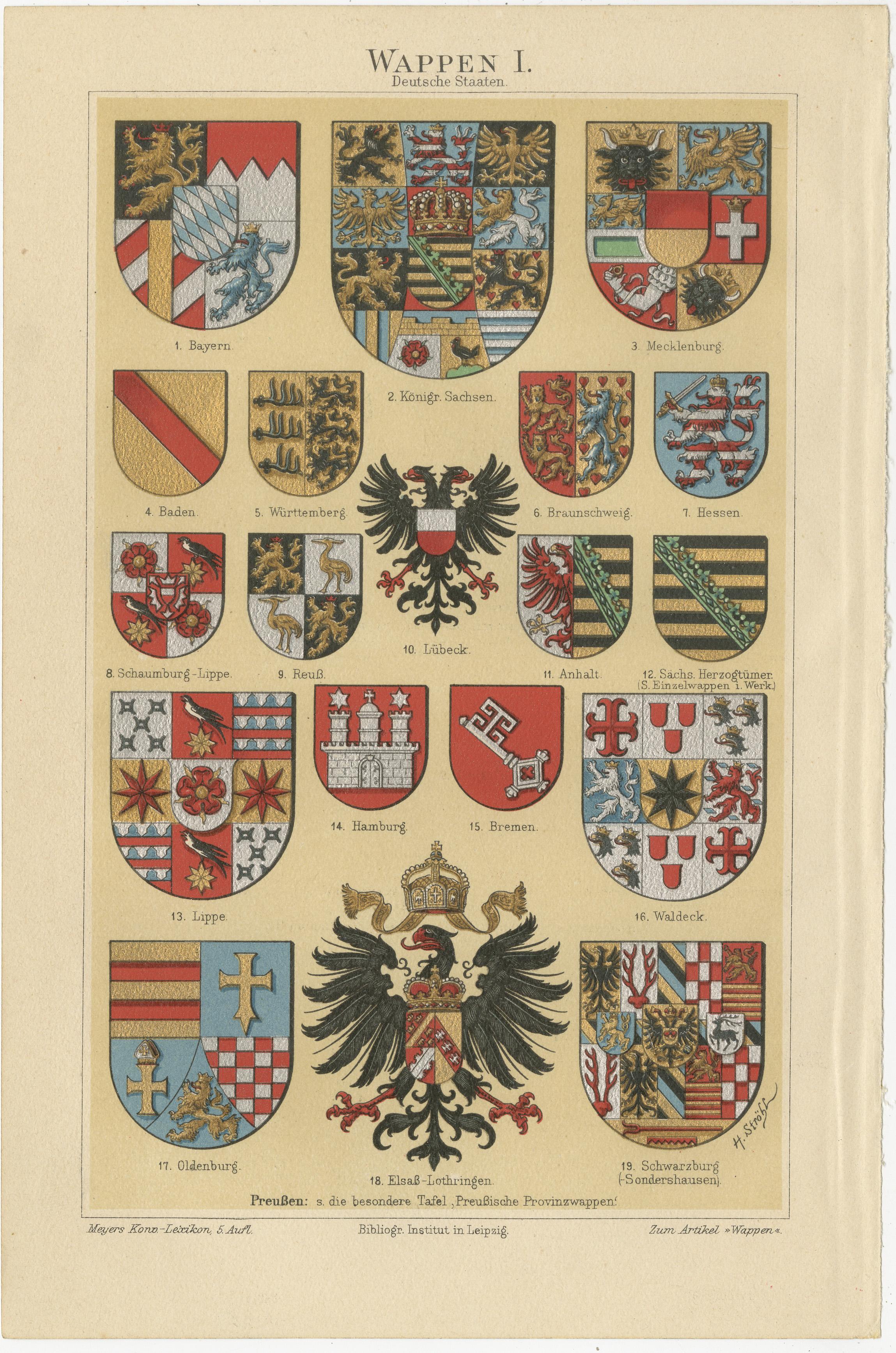 Set of four antique prints titled 'Wappen I - Wappen IV'. It shows coats of arms of German States, Europe, America, Asia, Africa and Hawaii. These prints originate from Volume 5 of Meyers Konversations-Lexikon, published between 1893 and 1897.