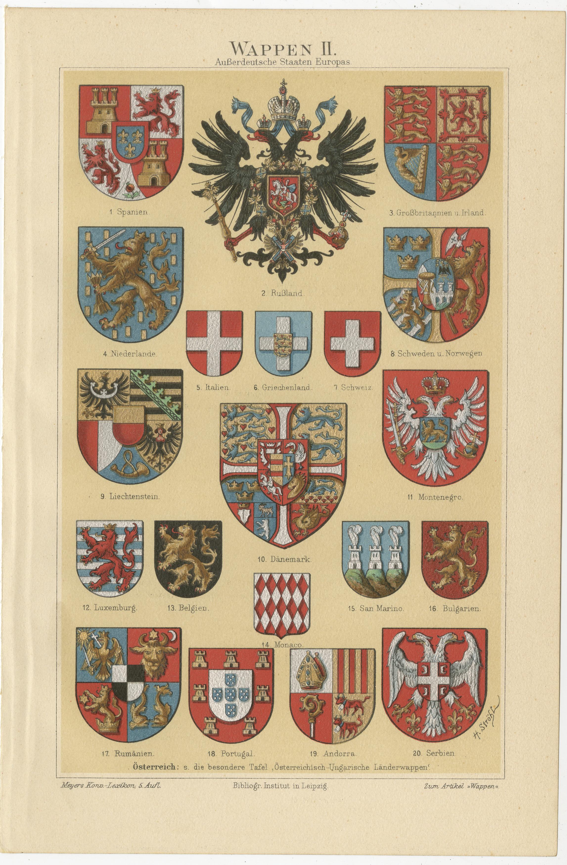Set of 4 Antique Print of Coats of Arms of German States, America and others In Good Condition For Sale In Langweer, NL