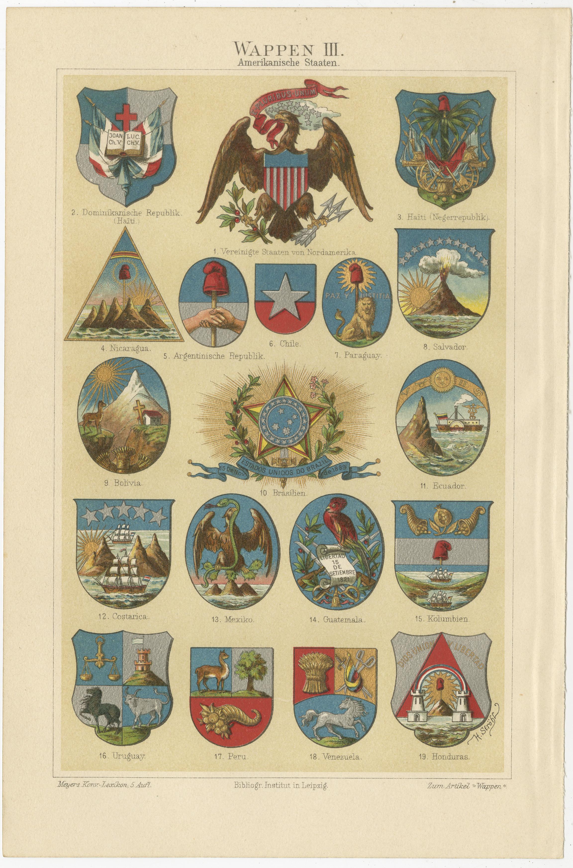19th Century Set of 4 Antique Print of Coats of Arms of German States, America and others For Sale