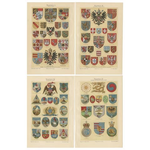 Set of 4 Antique Print of Coats of Arms of German States, America etc, c.1897