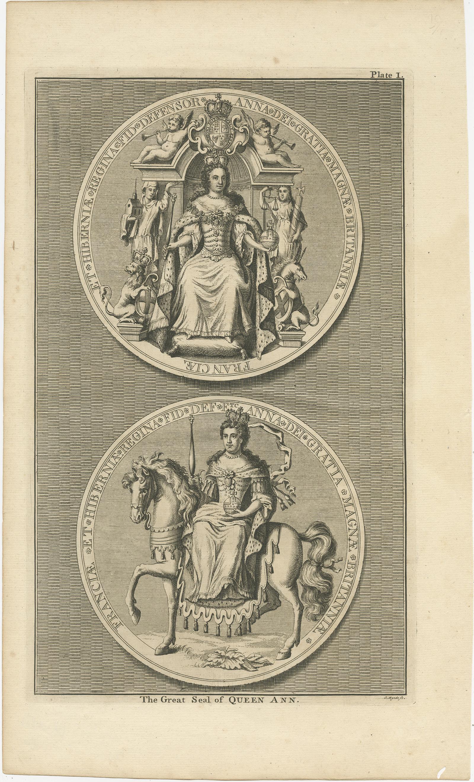 Set of four antique print of great seals including:

1) The Great Seal of Queen Ann (Queen Anne). 
2) The Great Seal of Queen Ann after the Union with Scotland. 
3) The Great Seal of King William III.
4) The Great Seal of King George