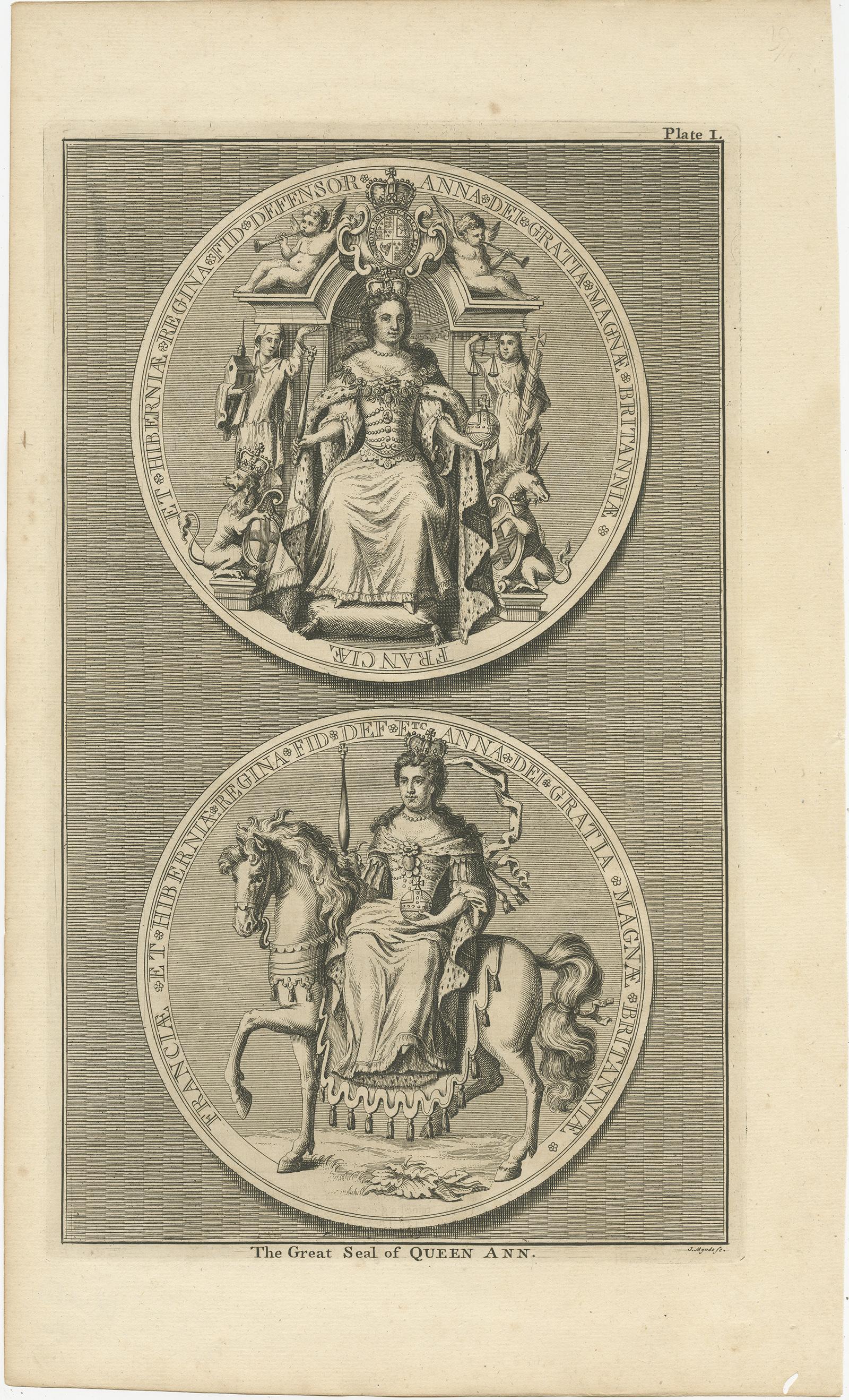 Conjunto de cuatro impresiones antiguas de grandes sellos que incluyen:

1) El Gran Sello de la Reina Ana (Queen Anne). 
2) El Gran Sello de la Queen Anne tras la Unión con Escocia. 
3) El Gran Sello del Rey Guillermo III.
4) El Gran Sello del