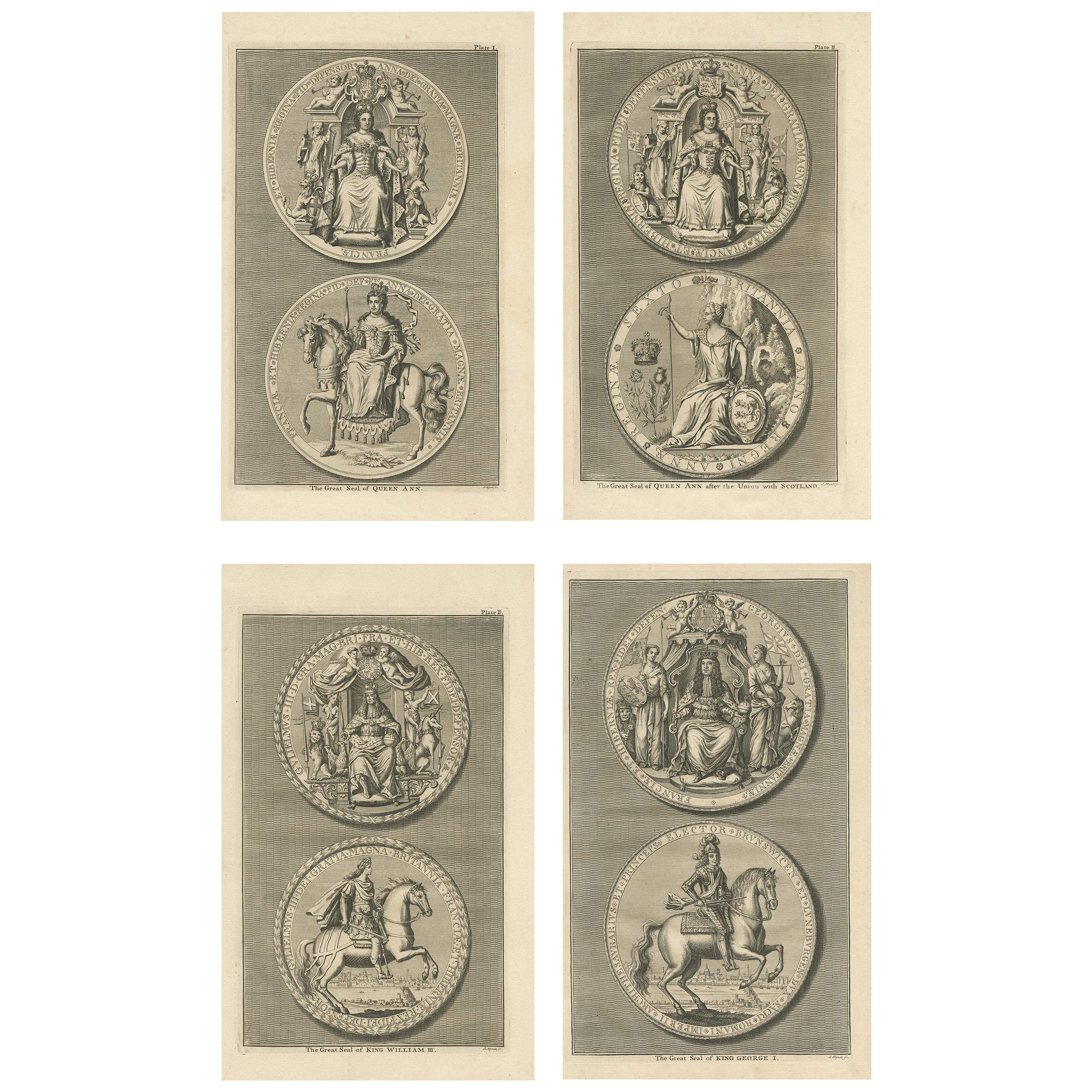Satz von 4 antiken Siegeln mit großem Druck von Rapin de Thoyras, um 1780