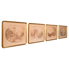 Set of 4 Antique Prints, French, Framed Etchings, Provincial Taste, Victorian