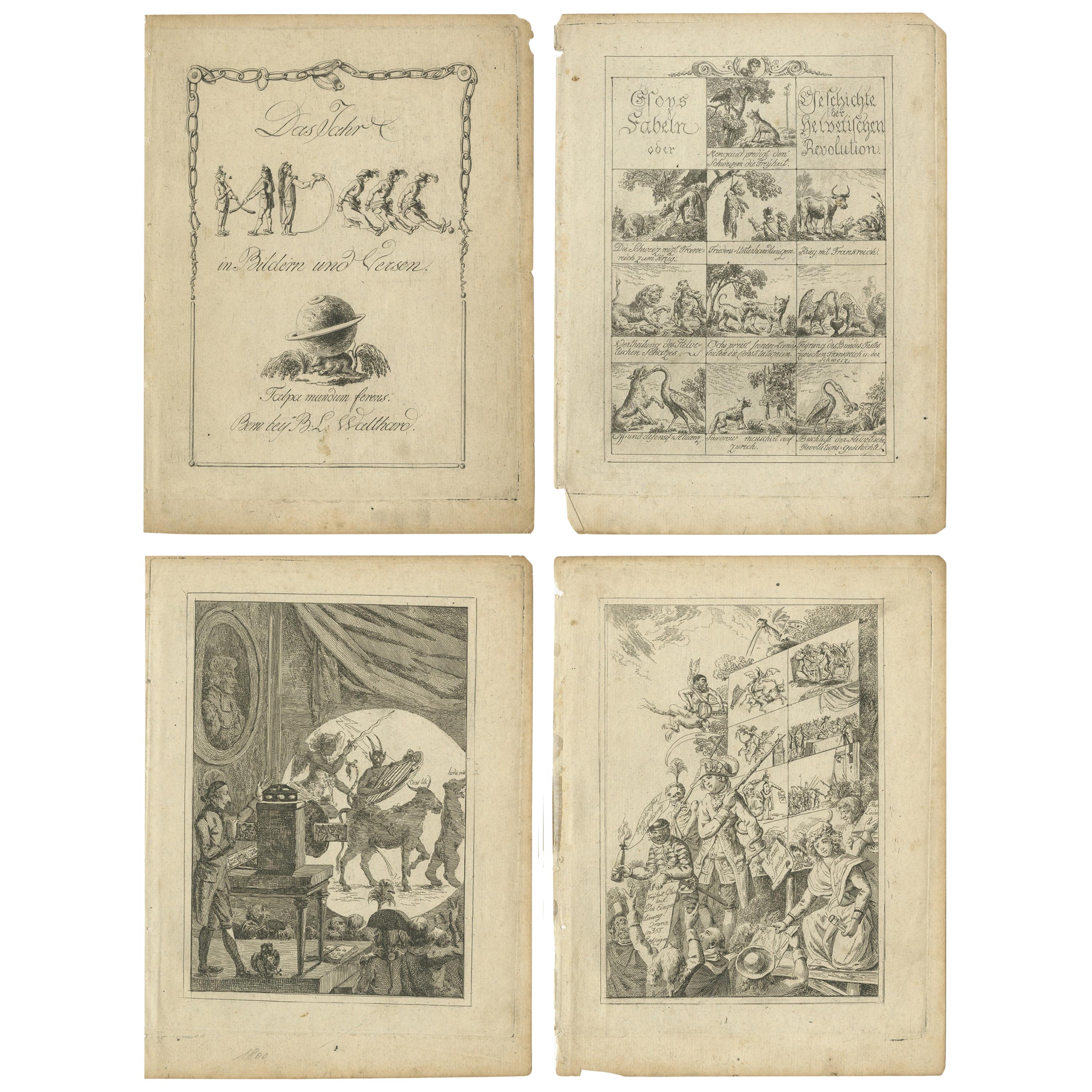 Set of 4 Antique Prints Illustrating the Political Climate in Switzerland '1800'