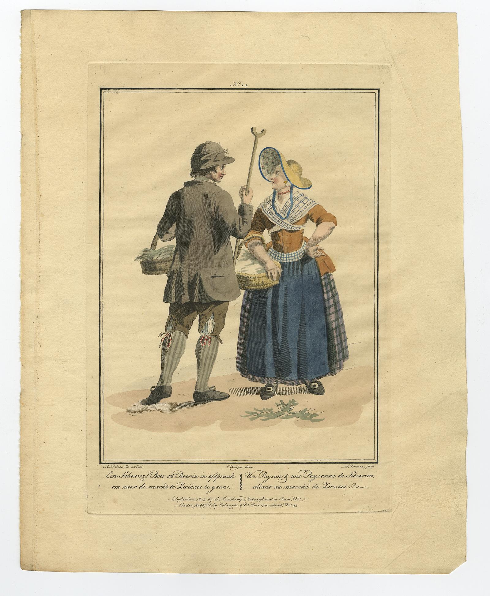 Satz von 4 antiken Drucken niederländischer Kostüme von Maaskamp '1805' im Zustand „Gut“ im Angebot in Langweer, NL