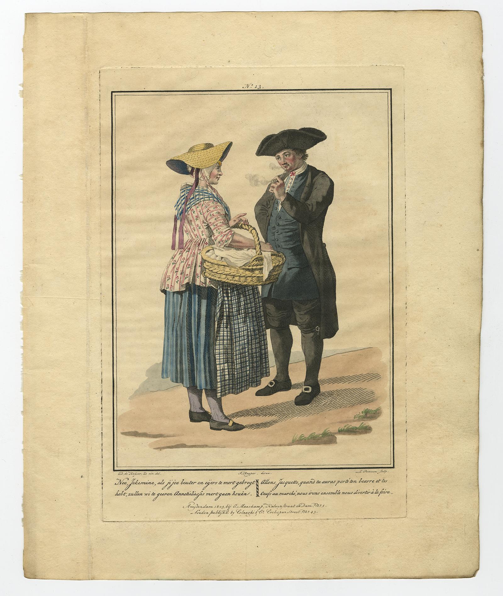 Satz von 4 antiken Drucken niederländischer Kostüme von Maaskamp '1805' (19. Jahrhundert) im Angebot
