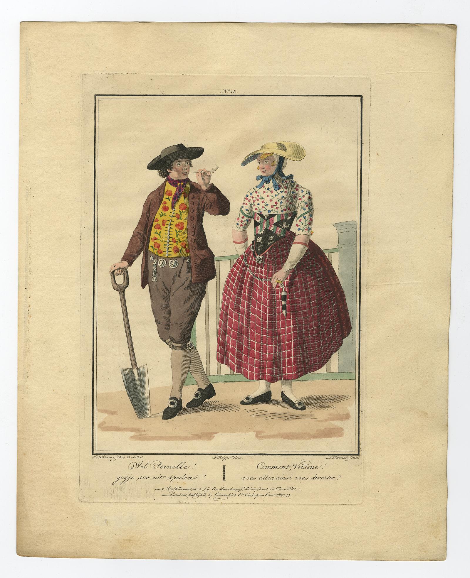 Satz von 4 antiken Drucken niederländischer Kostüme von Maaskamp '1805' (Papier) im Angebot