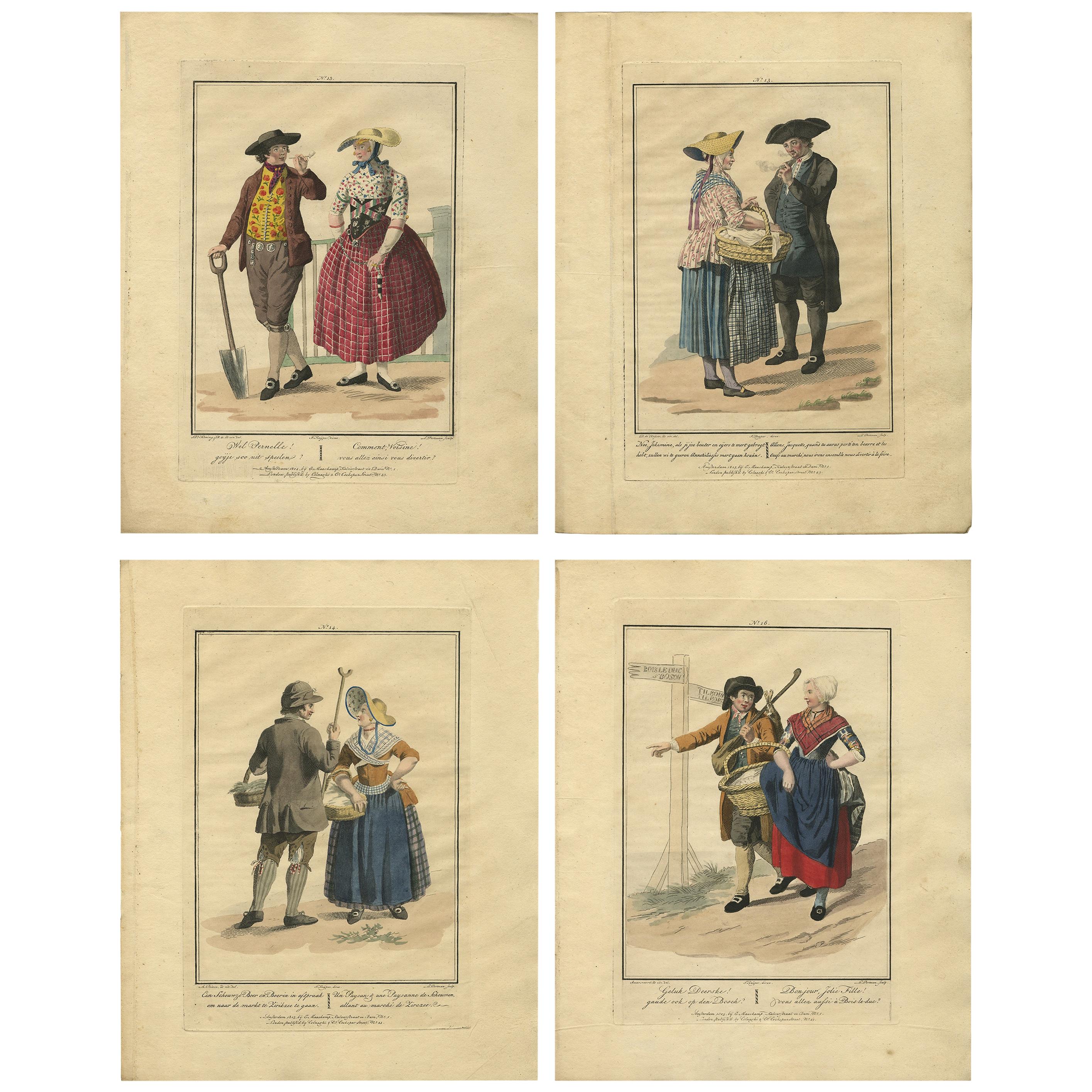 Set of 4 Antique Prints of Dutch Costumes by Maaskamp '1805'