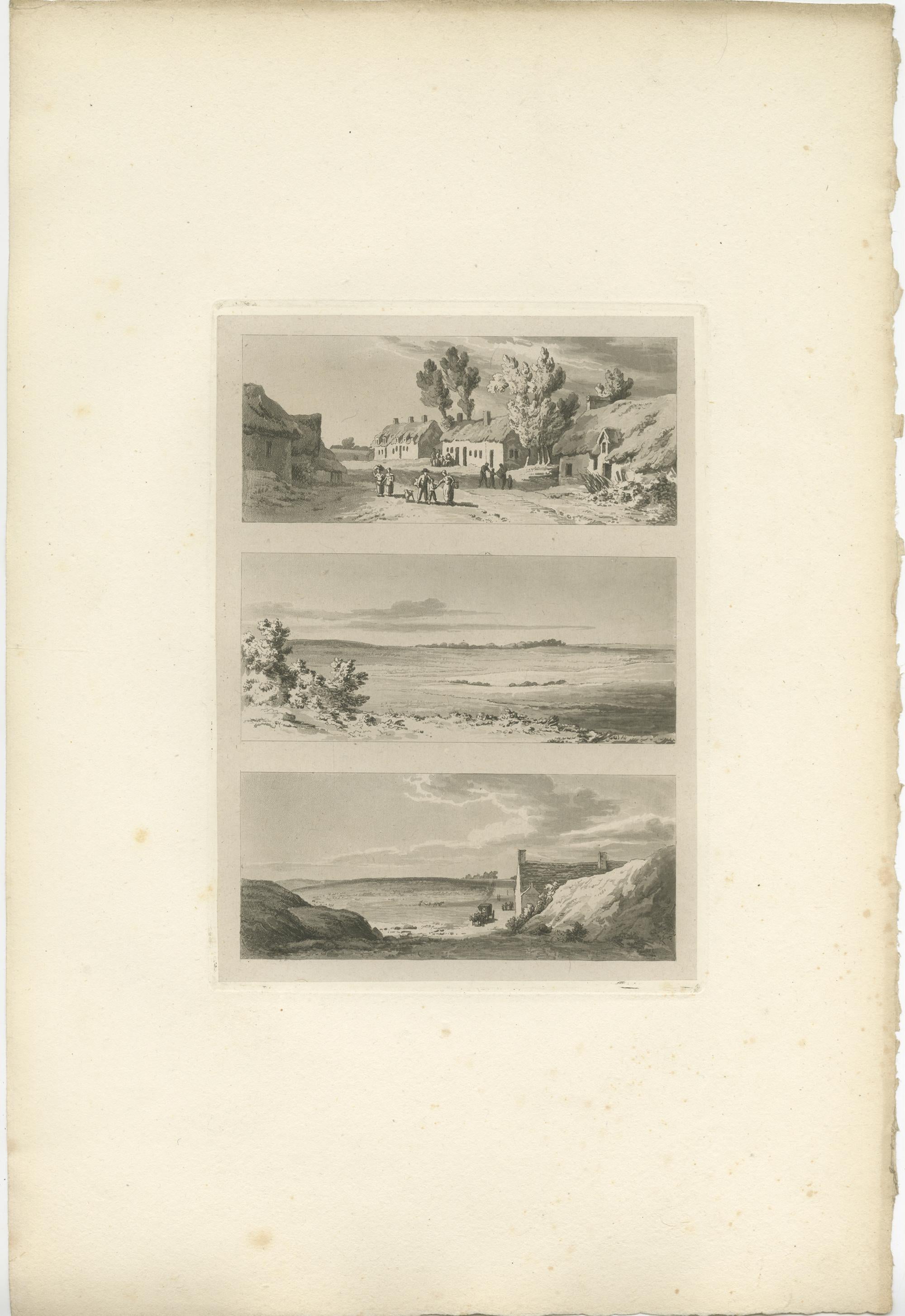 Set of four antique prints with views of Flanders and Holland. Published by or after Robert Hills, circa 1820.