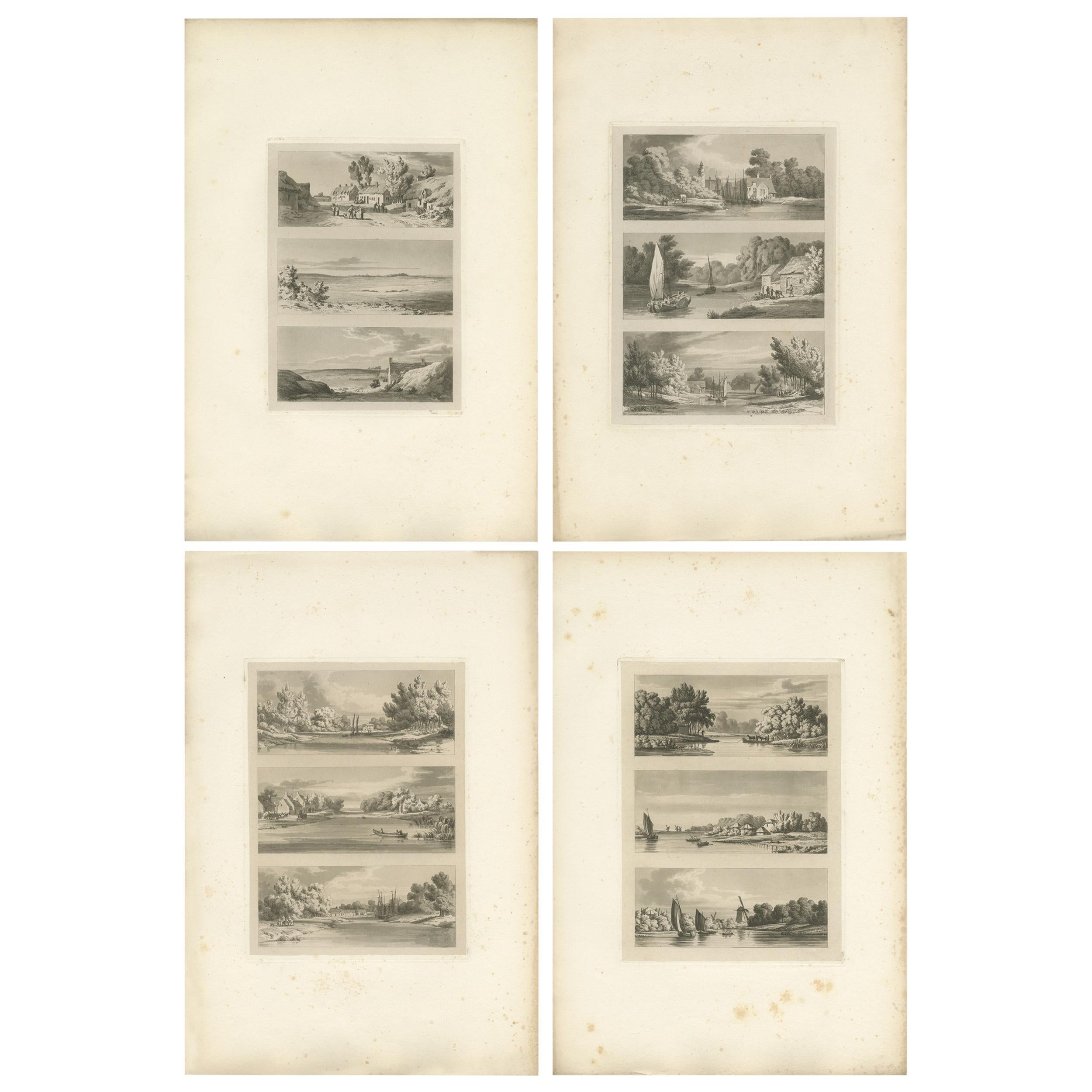 Conjunto de 4 grabados antiguos de Flandes y Holanda, hacia 1820