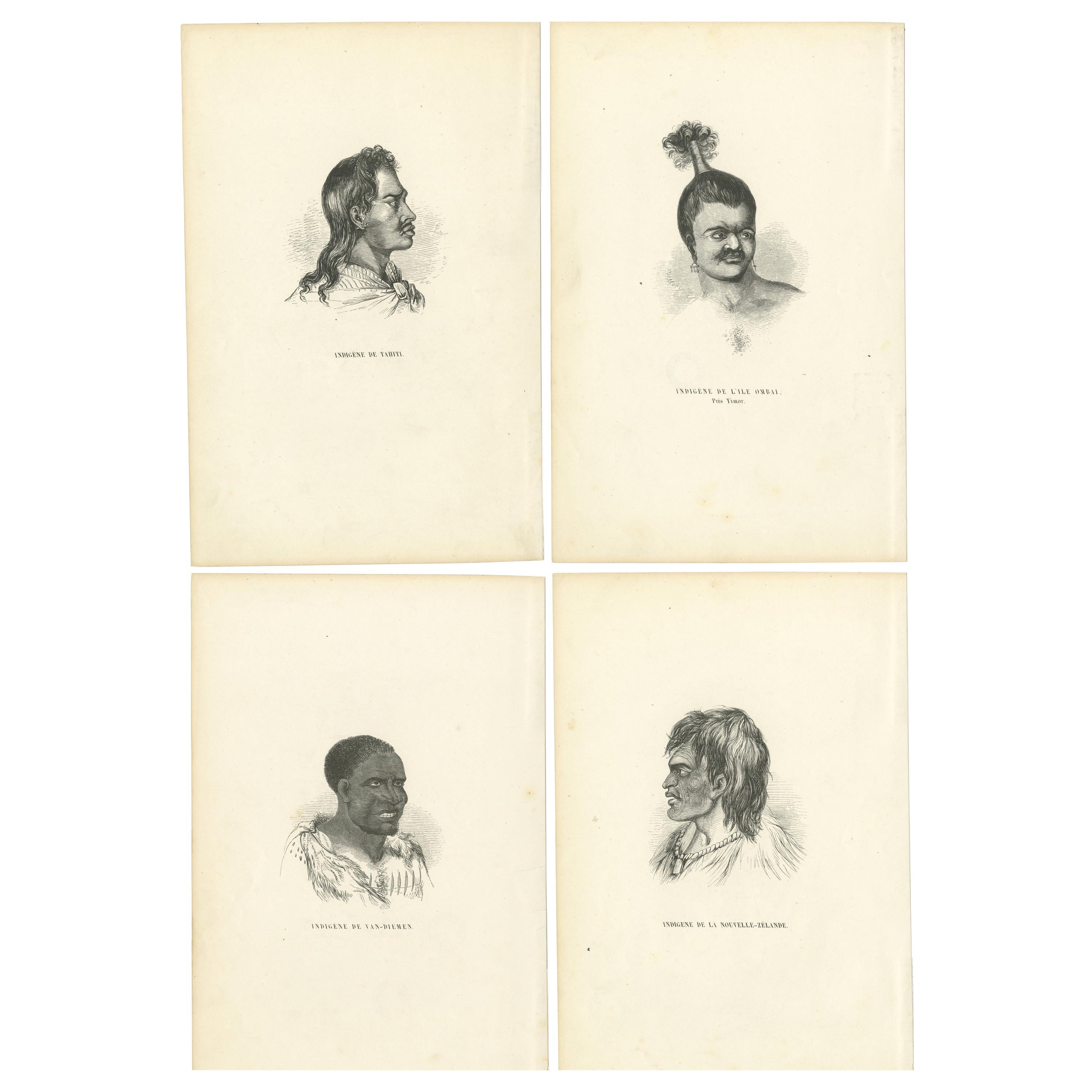 Set of 4 Antique Prints of Natives of Timor, Tahiti, Tasmania and New Zealand For Sale