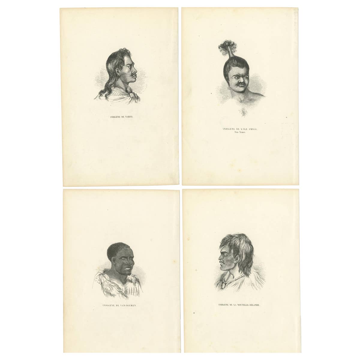 Set of 4 Antique Prints of Natives of Timor, Tahiti, Tasmania & New Zealand 1845