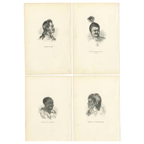 Set of 4 Antique Prints of Natives of Timor, Tahiti, Tasmania & New Zealand 1845