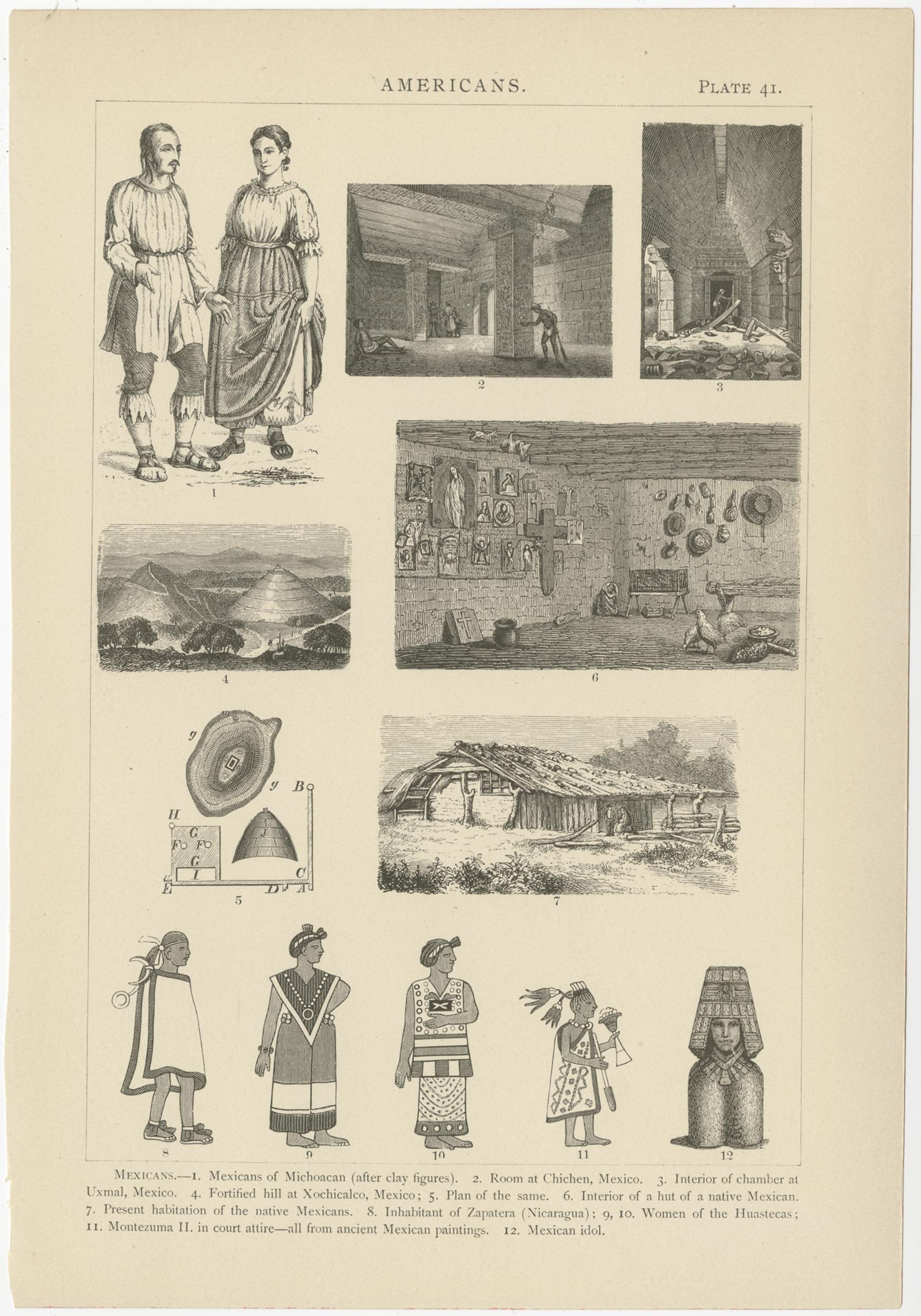 Set of four antique prints depicting various scenes, figures, and objects of Mexico. These prints originate from 'Iconographic Encyclopaedia of the Arts and Sciences' by Johann Heck and Daniel Brinton.