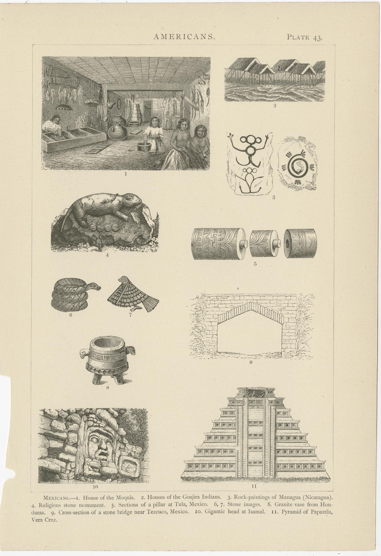 XIXe siècle Ensemble de 4 estampes anciennes de diverses scènes, personnages et objets du Mexique en vente