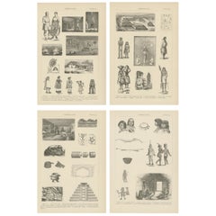 Ensemble de 4 estampes anciennes de diverses scènes, personnages et objets du Mexique