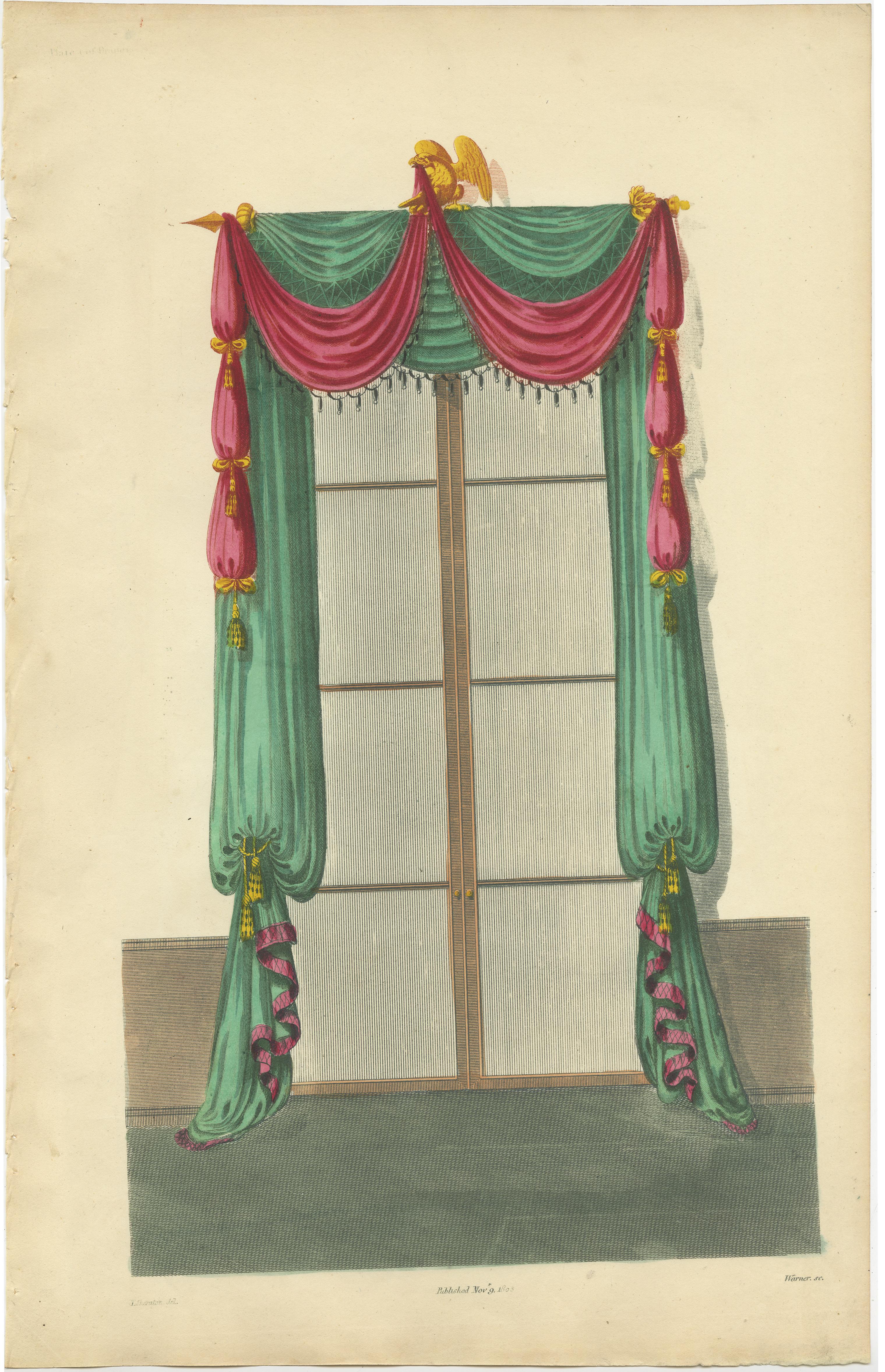 Set of four antique prints of windows with drapery. These prints originate from 'The General Artist's Encyclopaedia' by Thomas Sheraton. Published 1803-1805.