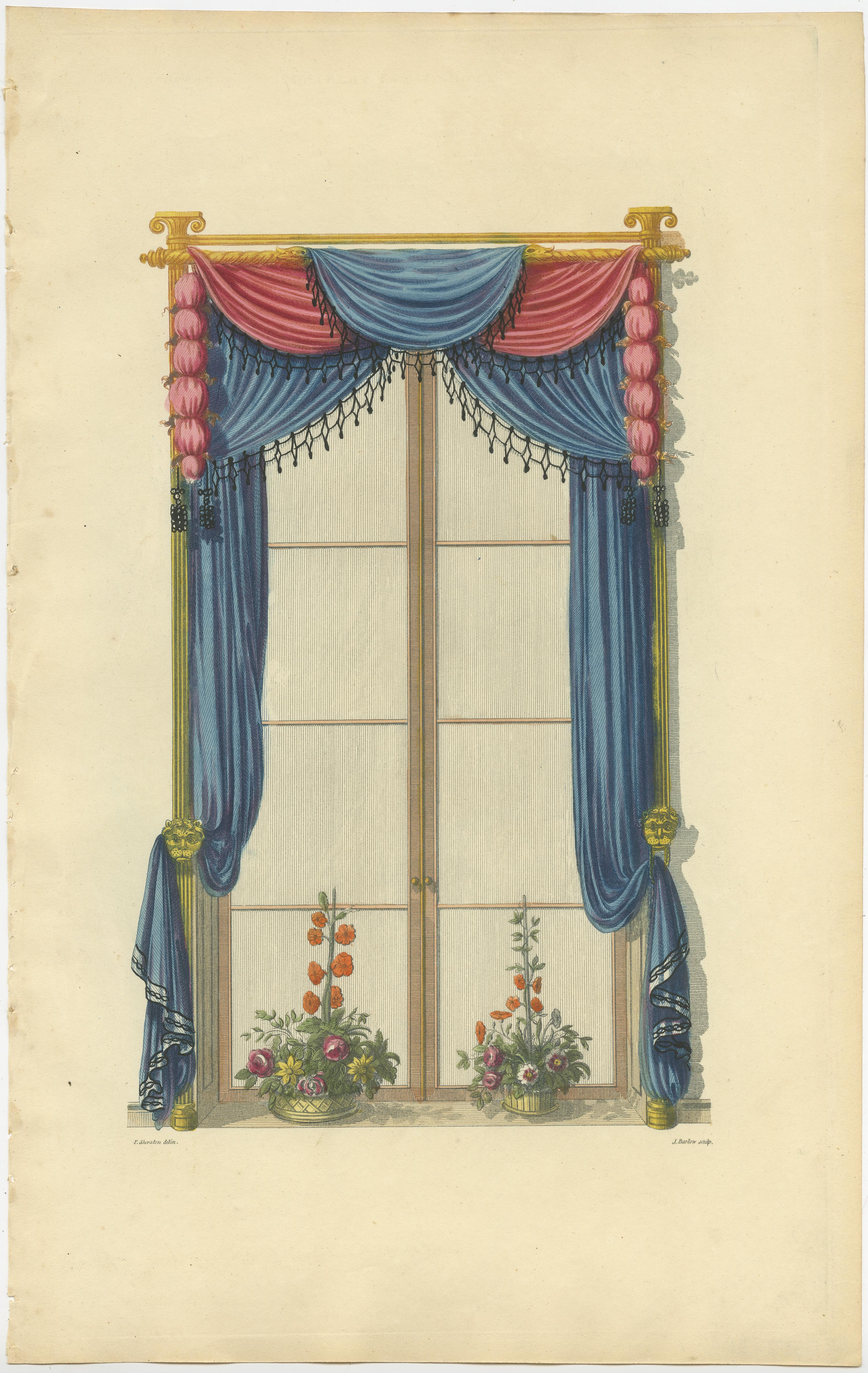 Paper Set of 4 Antique Prints of Windows with Drapery by Sheraton '1805' For Sale