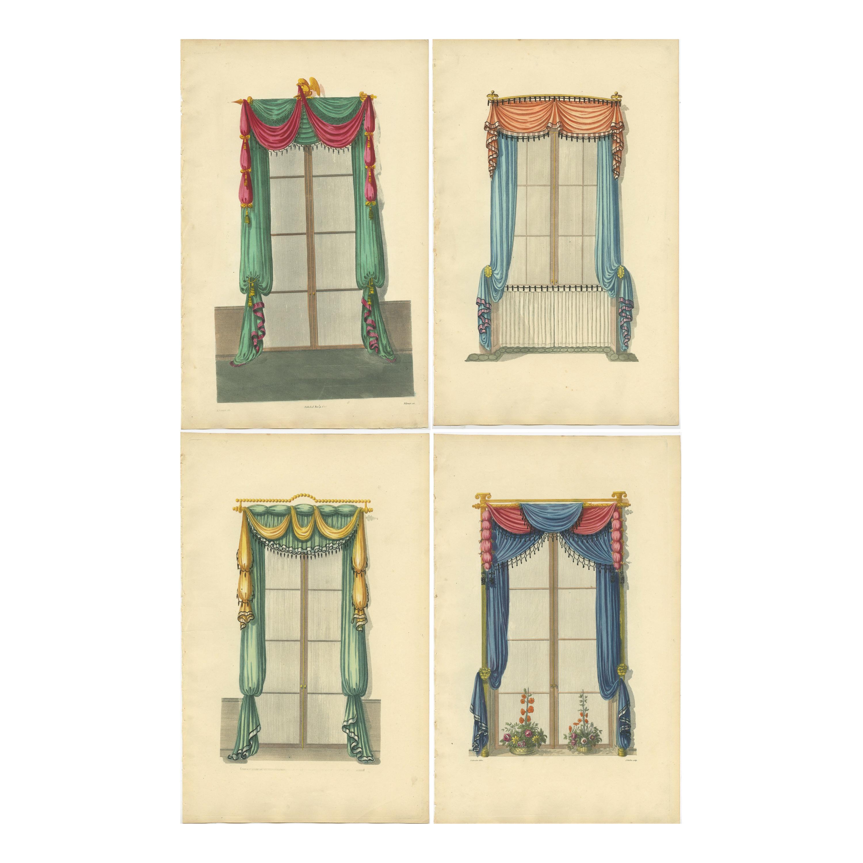 Set of 4 Antique Prints of Windows with Drapery by Sheraton '1805' For Sale